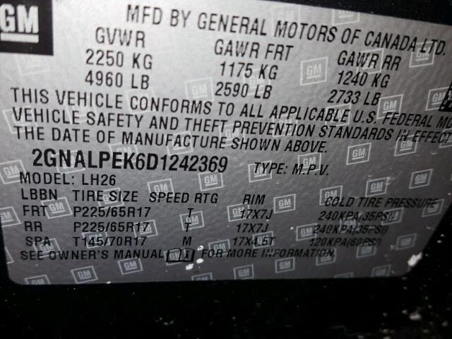 2GNALPEK6D1242369 - 2013 CHEVROLET EQUINOX LT BLACK photo 10