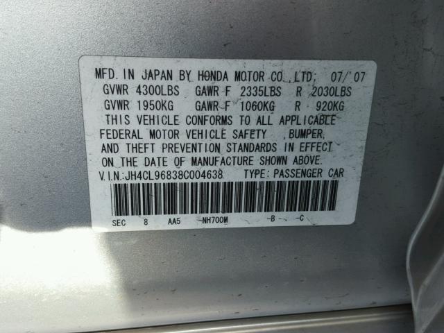 JH4CL96838C004638 - 2008 ACURA TSX SILVER photo 10