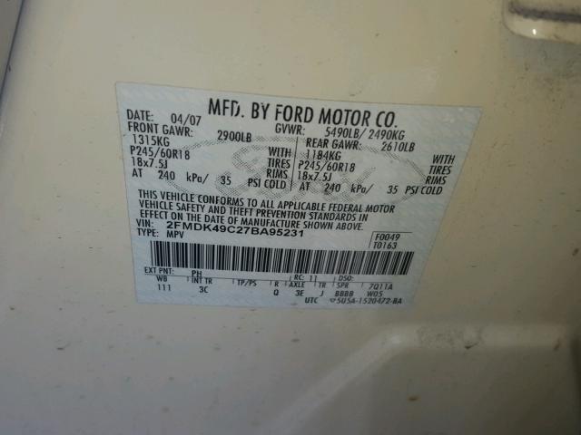 2FMDK49C27BA95231 - 2007 FORD EDGE SEL P CREAM photo 10