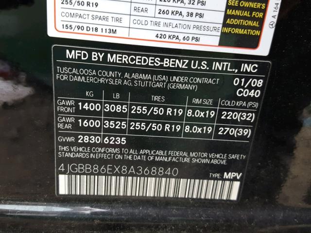 4JGBB86EX8A368840 - 2008 MERCEDES-BENZ ML 350 BLACK photo 10