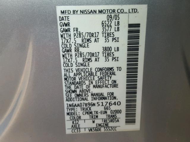 1N6AA07B96N517640 - 2006 NISSAN TITAN XE SILVER photo 10