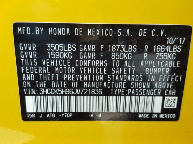 3HGGK5H96JM721836 - 2018 HONDA FIT EX YELLOW photo 10