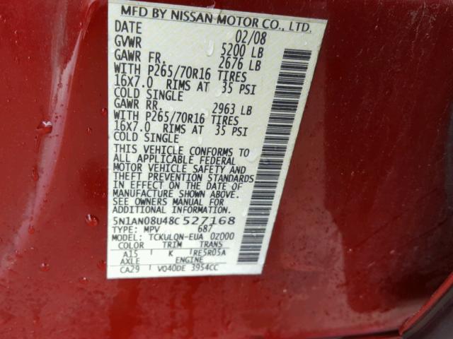 5N1AN08U48C527168 - 2008 NISSAN XTERRA OFF RED photo 10