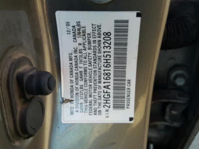 2HGFA16816H513208 - 2006 HONDA CIVIC EX ნაცრისფერი ფოტო 10