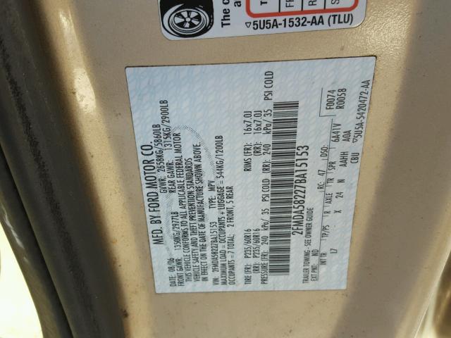 2FMDA58227BA15153 - 2007 FORD FREESTAR L BEIGE photo 10