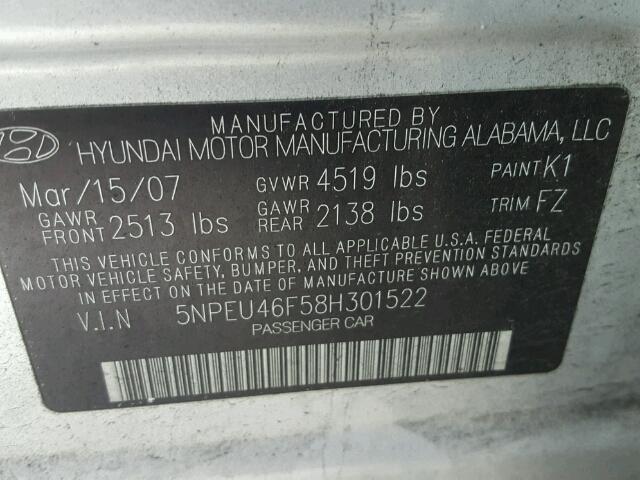 5NPEU46F58H301522 - 2008 HYUNDAI SONATA SE SILVER photo 10