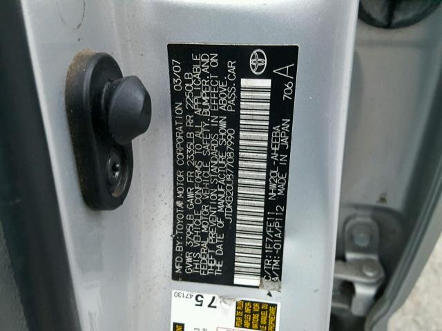 JTDKB20U877087990 - 2007 TOYOTA PRIUS SILVER photo 10