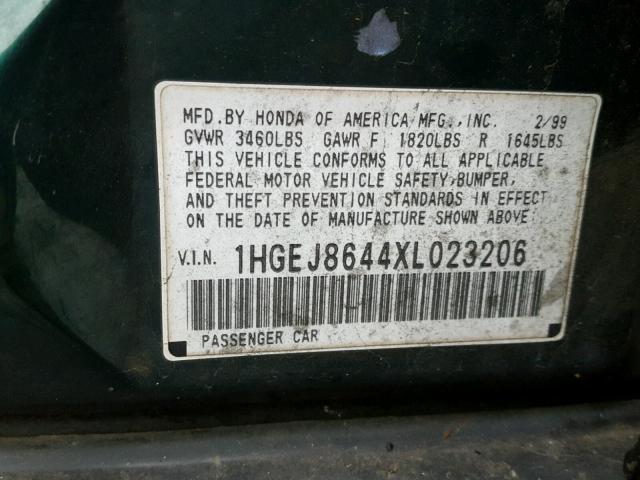 1HGEJ8644XL023206 - 1999 HONDA CIVIC EX GREEN photo 10