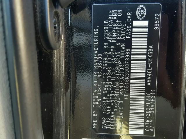 4T1BB46K39U078986 - 2009 TOYOTA CAMRY HYBR BLACK photo 10