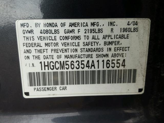 1HGCM56354A116554 - 2004 HONDA ACCORD LX CHARCOAL photo 10