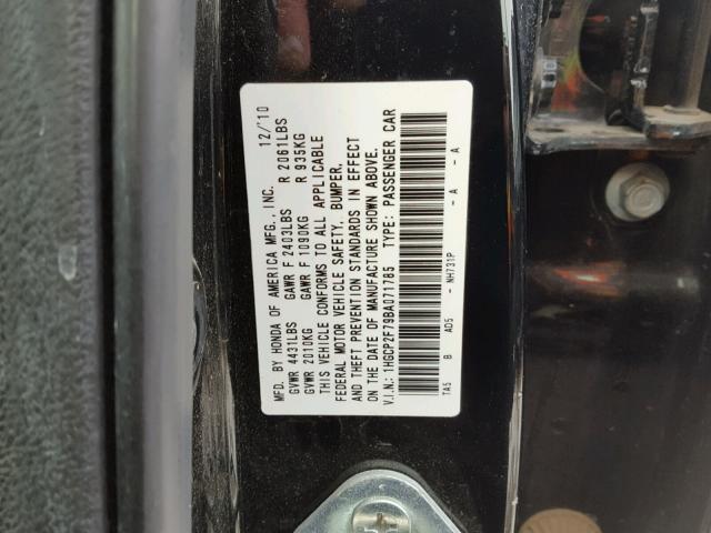 1HGCP2F79BA071785 - 2011 HONDA ACCORD EX BLACK photo 10