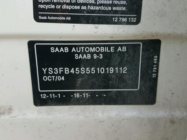 YS3FB45S551019112 - 2005 SAAB 9-3 LINEAR CREAM photo 10