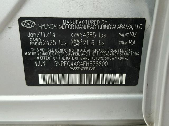 5NPEC4AC4EH878800 - 2014 HYUNDAI SONATA SE SILVER photo 10