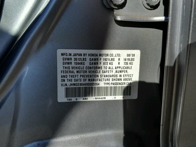 JHMGE88469S003264 - 2009 HONDA FIT SPORT SILVER photo 10