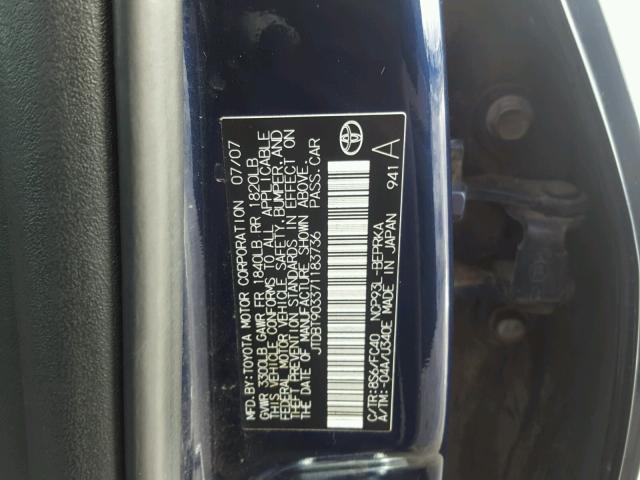 JTDBT903371183736 - 2007 TOYOTA YARIS BLUE photo 10