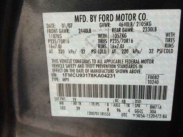 1FMCU93178KA04231 - 2008 FORD ESCAPE XLT GRAY photo 10