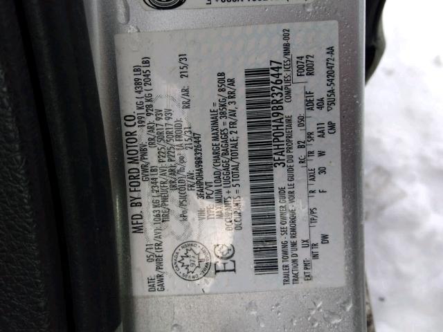 3FAHP0HA9BR326447 - 2011 FORD FUSION SE GRAY photo 10