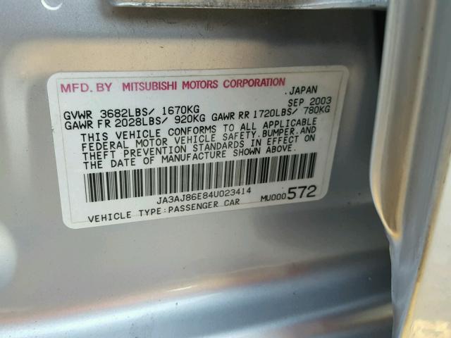 JA3AJ86E84U023414 - 2004 MITSUBISHI LANCER OZ SILVER photo 10