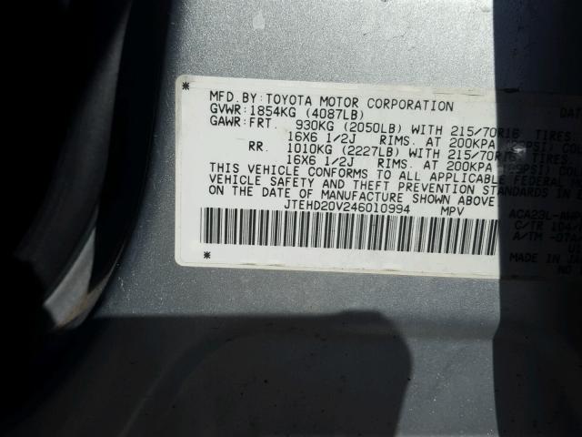 JTEHD20V246010994 - 2004 TOYOTA RAV4 SILVER photo 10