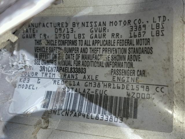 3N1CN7AP4EL833803 - 2014 NISSAN VERSA S SILVER photo 10