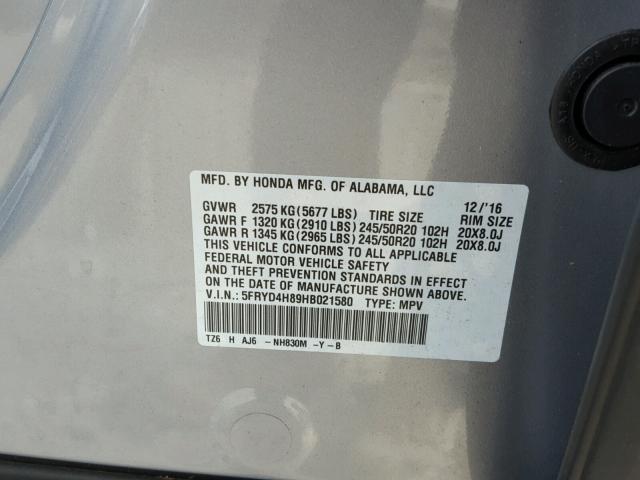 5FRYD4H89HB021580 - 2017 ACURA MDX ADVANC SILVER photo 10