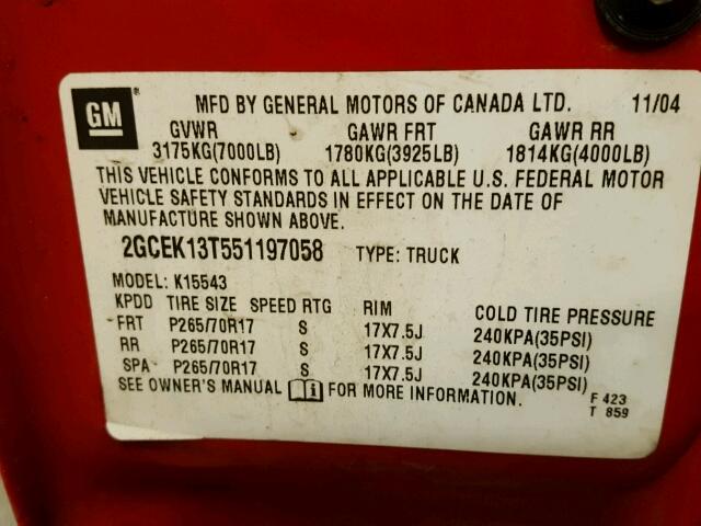 2GCEK13T551197058 - 2005 CHEVROLET SILVERADO RED photo 10