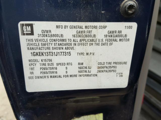 1GKEK13T31J177315 - 2001 GMC YUKON BLUE photo 10