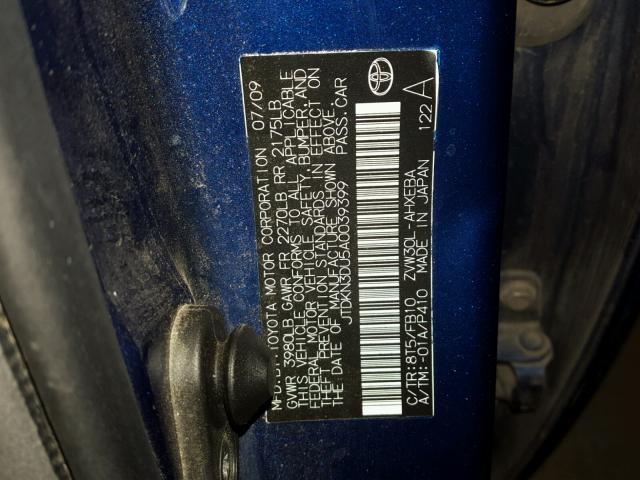 JTDKN3DU5A0039399 - 2010 TOYOTA PRIUS BLUE photo 10