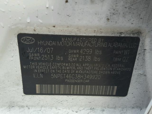 5NPET46C38H349920 - 2008 HYUNDAI SONATA GLS WHITE photo 10