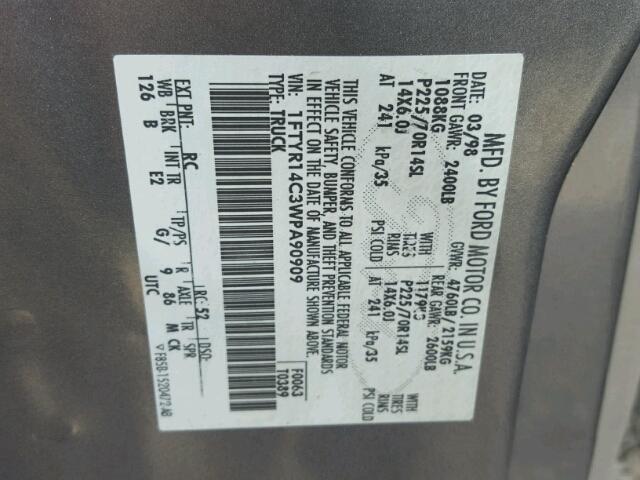 1FTYR14C3WPA90909 - 1998 FORD RANGER SUP GRAY photo 10