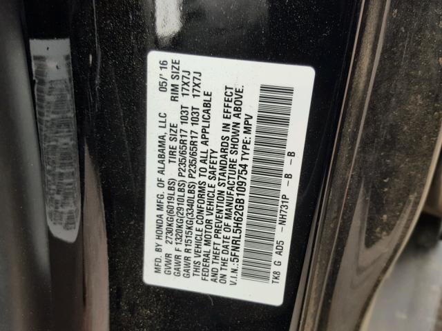 5FNRL5H62GB109754 - 2016 HONDA ODYSSEY EX BLACK photo 10