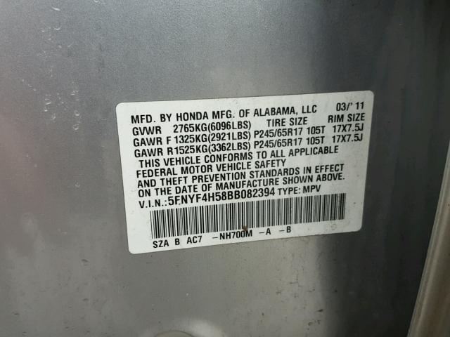 5FNYF4H58BB082394 - 2011 HONDA PILOT EXL SILVER photo 10