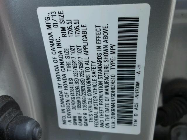 2HKRM4H76DH634510 - 2013 HONDA CR-V EXL SILVER photo 10