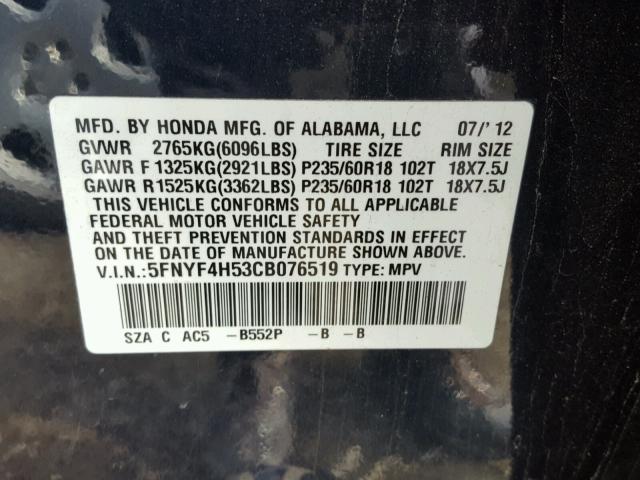 5FNYF4H53CB076519 - 2012 HONDA PILOT EXL BLUE photo 10