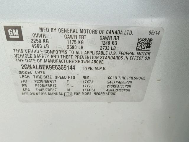 2GNALBEK9E6359144 - 2014 CHEVROLET EQUINOX LT SILVER photo 10