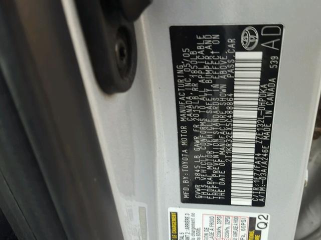 2T1KR32EX5C488864 - 2005 TOYOTA COROLLA MA GRAY photo 10