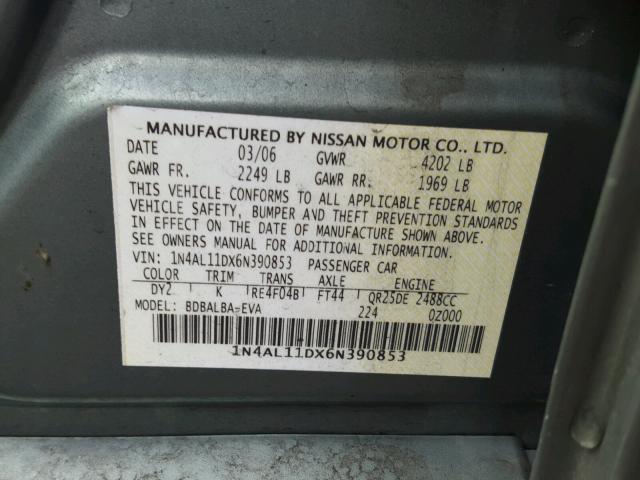 1N4AL11DX6N390853 - 2006 NISSAN ALTIMA S GREEN photo 10