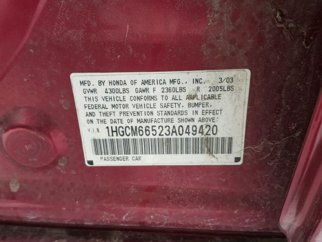 1HGCM66523A049420 - 2003 HONDA ACCORD EX BURGUNDY photo 10