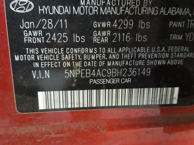 5NPEB4AC9BH236149 - 2011 HYUNDAI SONATA GLS RED photo 10