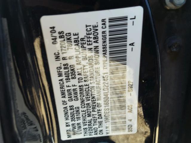 1HGES16504L022451 - 2004 HONDA CIVIC LX BLACK photo 10