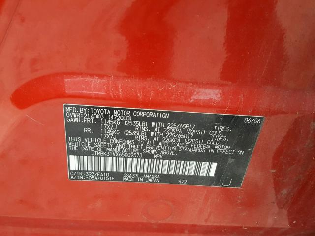 JTMBK31VX65009573 - 2006 TOYOTA RAV4 LIMIT RED photo 10