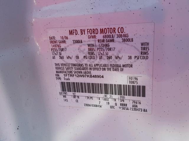 1FTRF12W97KB48904 - 2007 FORD F150 WHITE photo 10