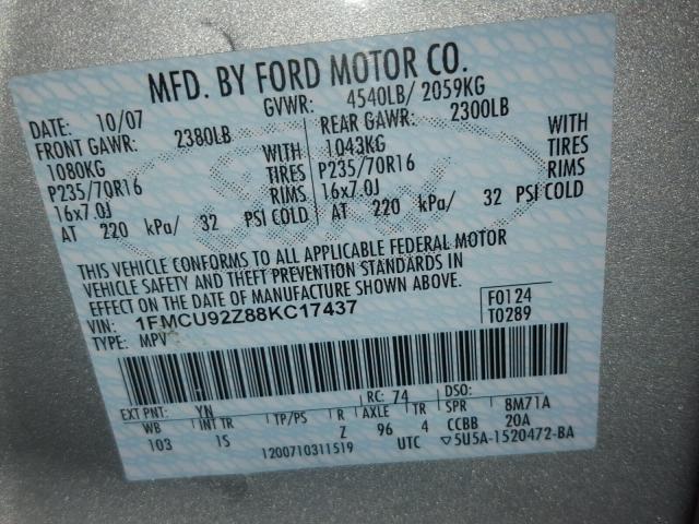 1FMCU92Z88KC17437 - 2008 FORD ESCAPE XLS SILVER photo 10