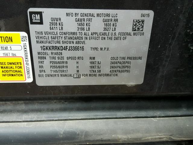 1GKKRRKD4FJ336616 - 2015 GMC ACADIA SLT ნაცრისფერი ფოტო 10