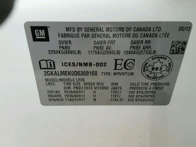 2GKALMEK9D6368160 - 2013 GMC TERRAIN SL WHITE photo 10