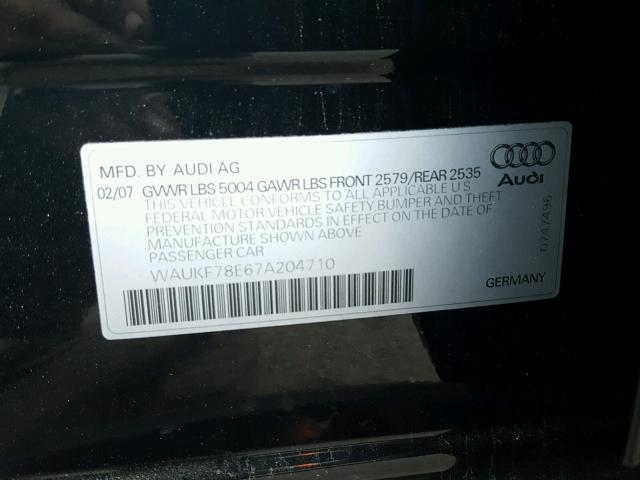 WAUKF78E67A204710 - 2007 AUDI A4 2.0T AV BLACK photo 10