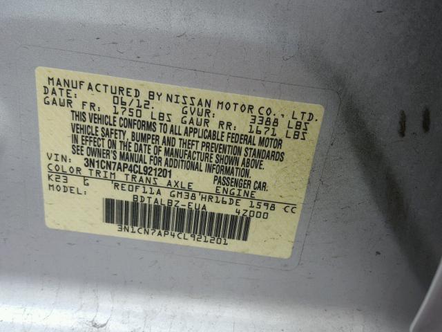 3N1CN7AP4CL921201 - 2012 NISSAN VERSA S SILVER photo 10