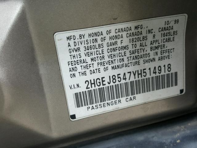 2HGEJ8547YH514918 - 2000 HONDA CIVIC EX ოქროსფერი ფოტო 10