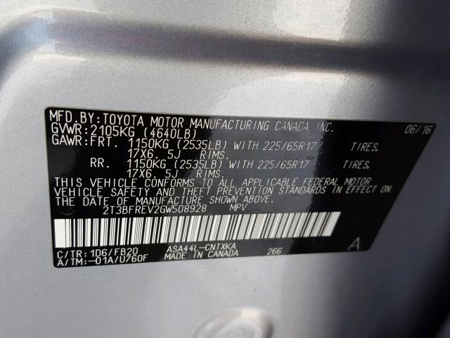 2T3BFREV2GW508928 - 2016 TOYOTA RAV4 LE Gümüş foto 10