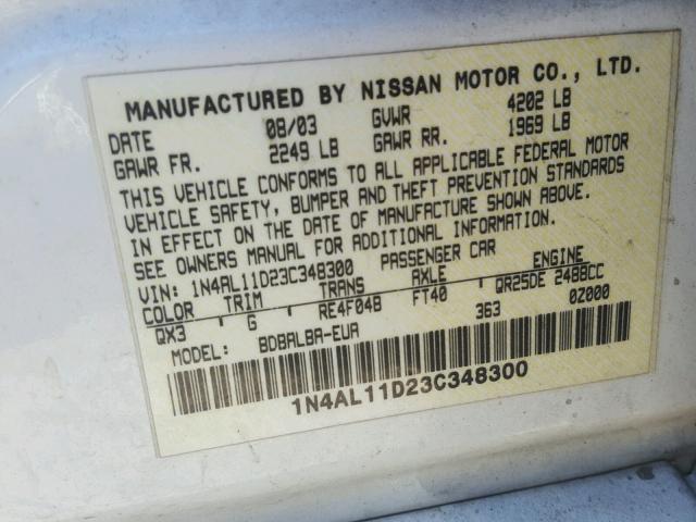 1N4AL11D23C348300 - 2003 NISSAN ALTIMA BAS WHITE photo 10